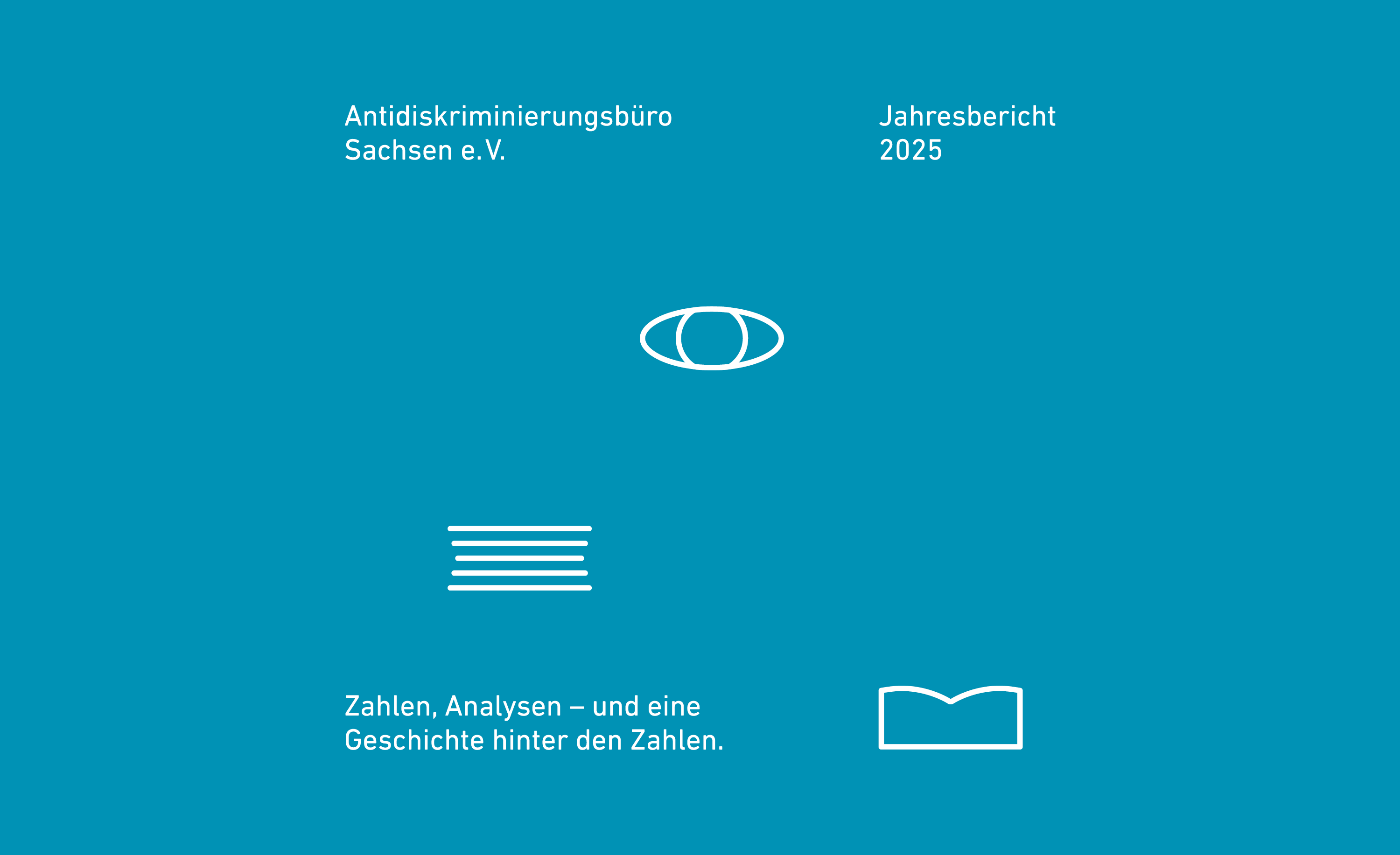 Titelbild des Jahresberichtes des ADB Sachsen. Drei weiße Icons eines stilisiertes Buch bestehend aus fünf übereinander gestapelten Strichen, ein Auge, ein aufgeschlagenes Buch.