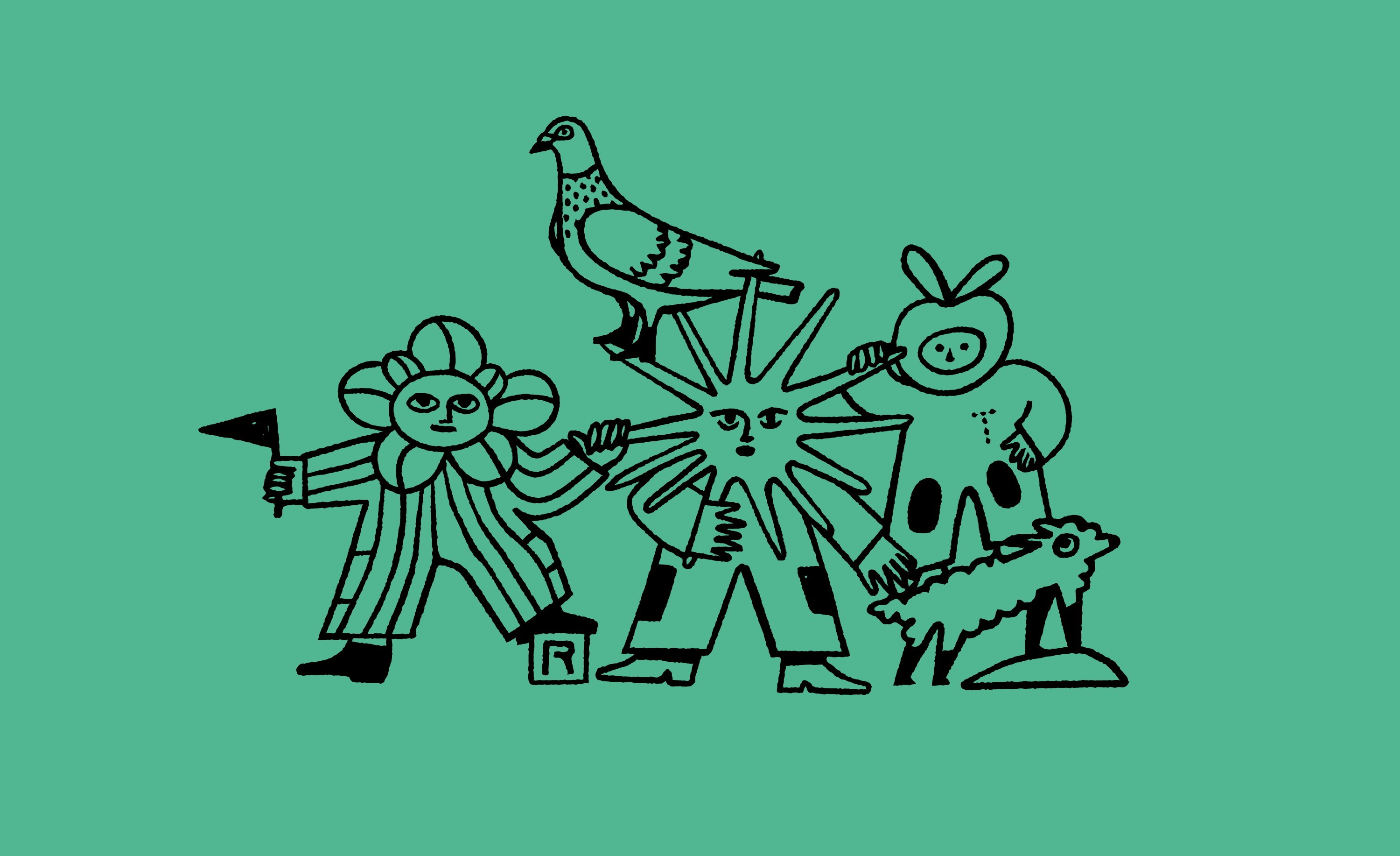 Illustration einer Gruppe die die feministische Aktionsarbeit der Radikalen Töchter visualisieren soll. Dickes schwarze Outlines auf grünem Hintergrund. Zu sehen sind 3 Menschlein mit verschiedenen Accessoires zusammen mit einem kleinen Hund und einer Taube.