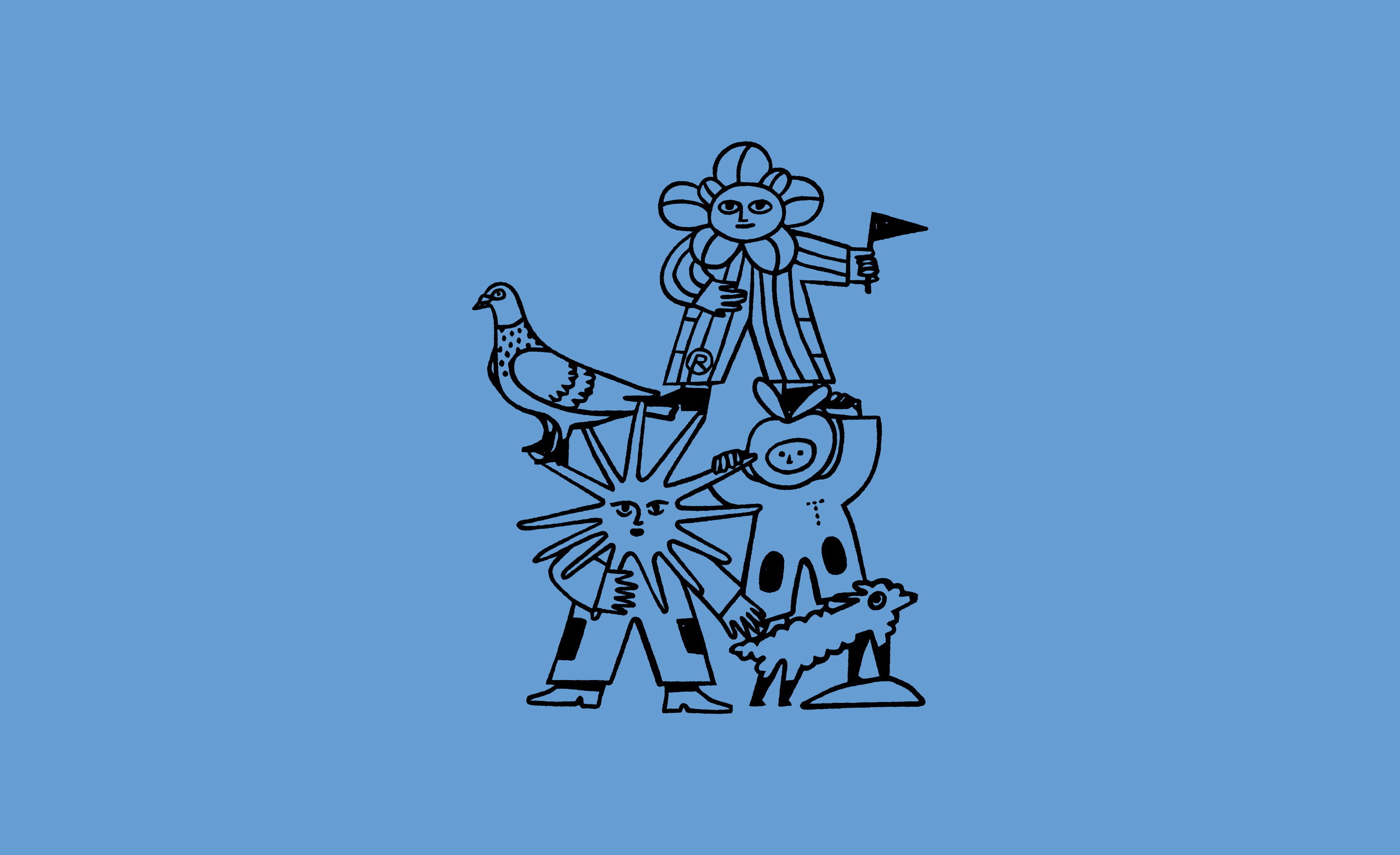 Illustration einer Gruppe die die feministische Aktionsarbeit der Radikalen Töchter visualisieren soll. Dickes schwarze Outlines auf blauem Hintergrund. Zu sehen sind 3 Menschlein mit verschiedenen Accessoires zusammen mit einem kleinen Hund und einer Taube. Aufgetürmt zu einer Pyramide.