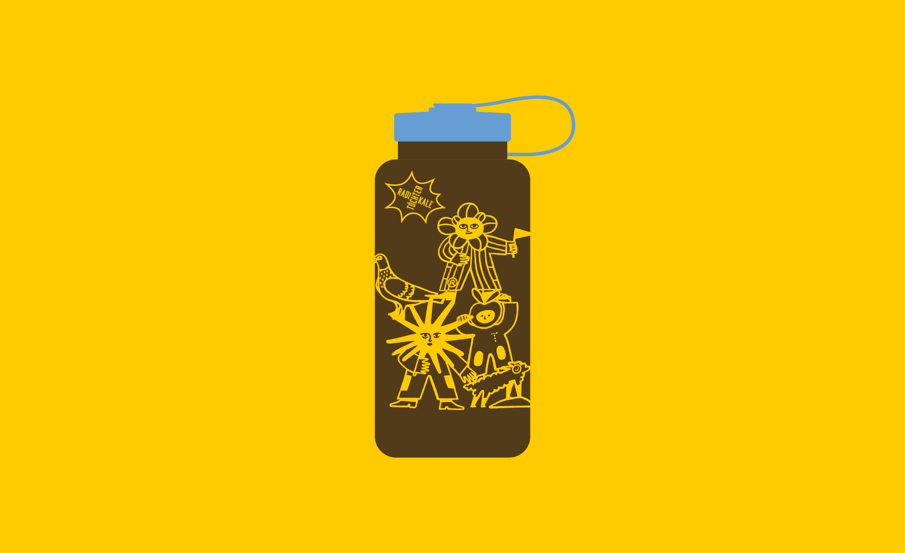Illustration einer Gruppe die die feministische Aktionsarbeit der Radikalen Töchter visualisieren soll. Die gelbe Illustration befindet sich auf einer Trinkflasche mit braunem Acrylglas und blauem Deckel.