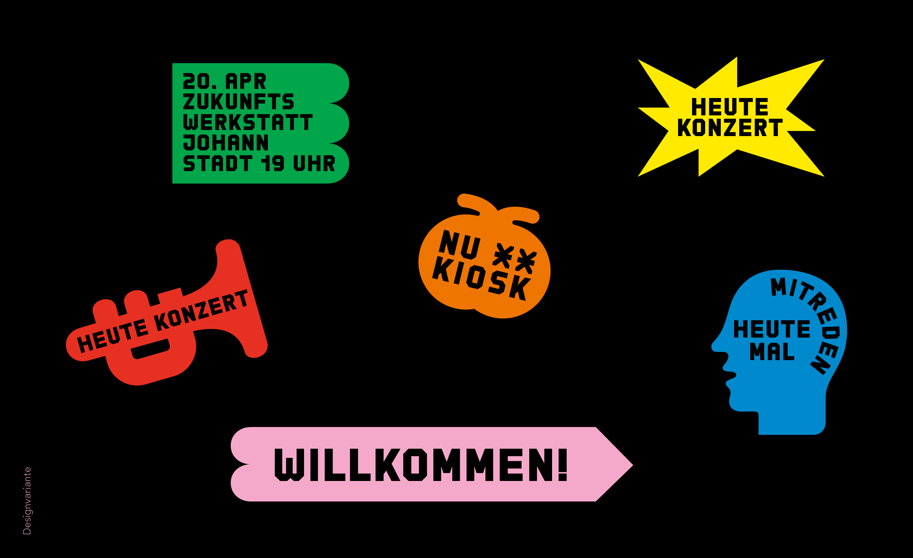 Bunte grafische Formen auf schwarzem Hintergrund. In den Formen befinden sich Sätze wie „Willkommen“ oder „Einfach mal mitreden“ die den NU KIOSK des Montagscafe anteasern sollen.