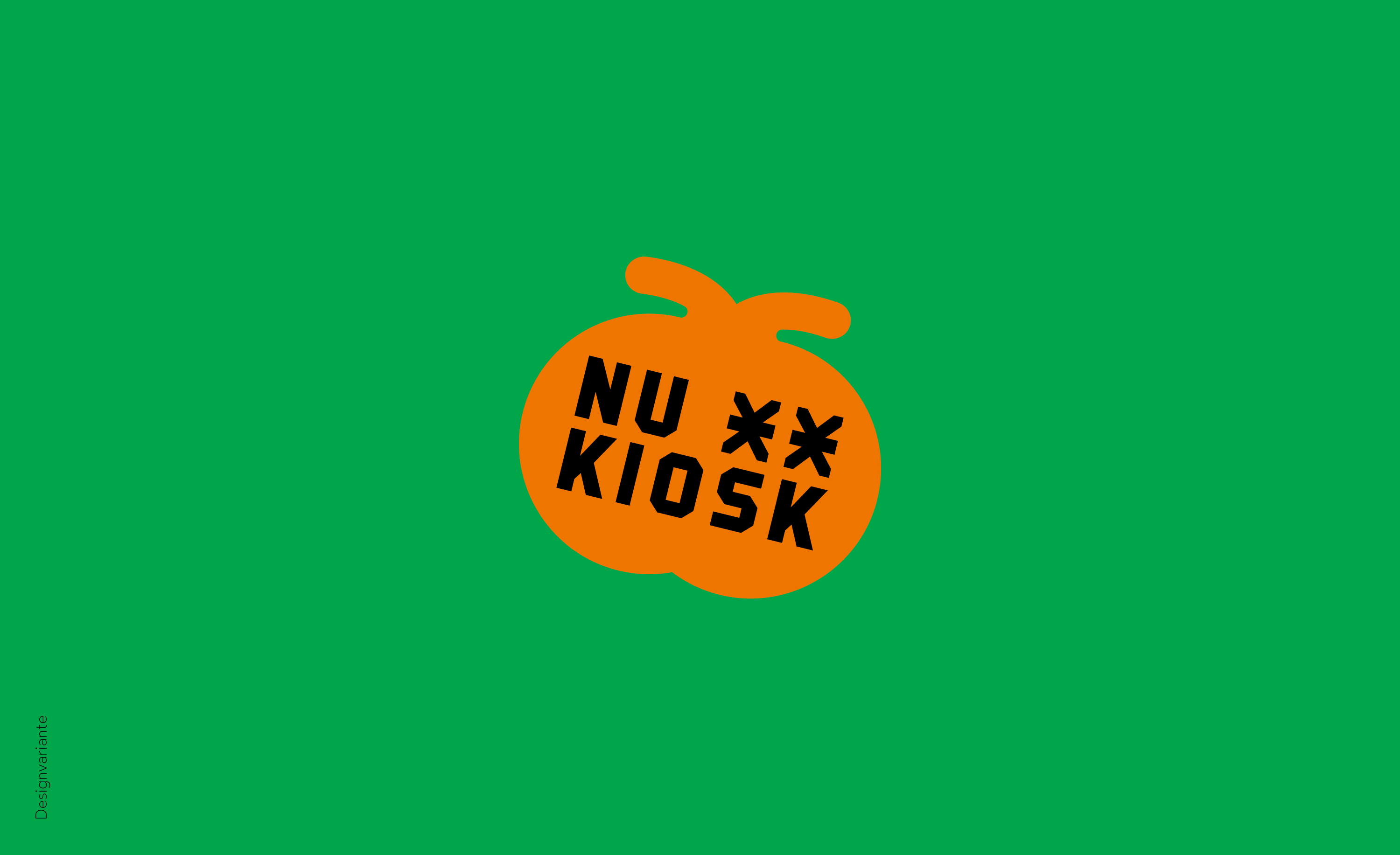 Orange Silhouette eines grafischen Apfels auf Grünem Hintergrund. In der Silhouette befindet sich der Satz „NU KIOSK“. Das ist ein Teil der visuellen Identität des NU KIOSK des Montagscafe Dresden.